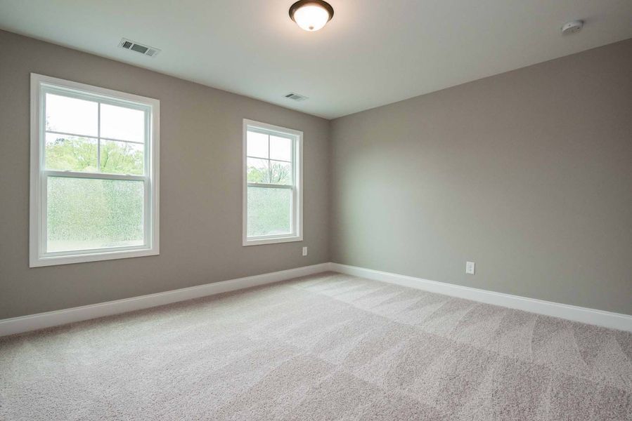 Empty bedroom with two windows, tan carpet, gray walls, and a ceiling light.