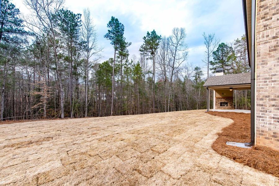 A large backyard with new sod, bordered by trees and a brick home with an outdoor fireplace.