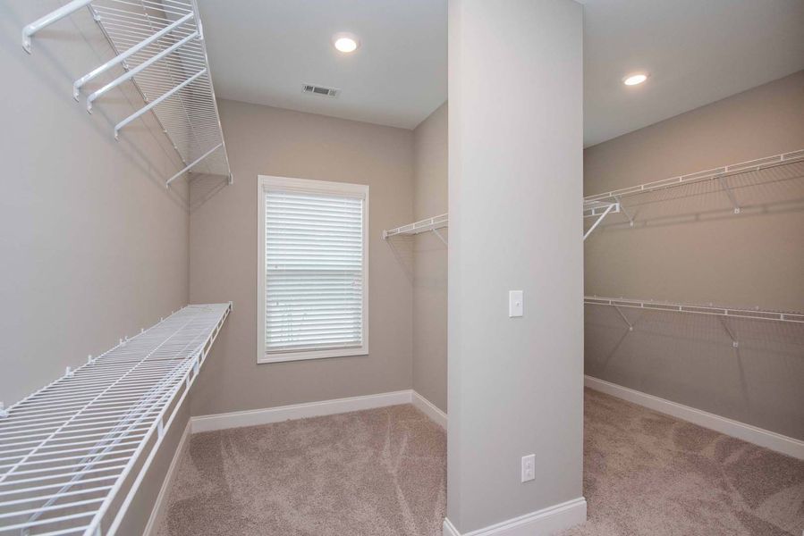 Walk-in closet with wire shelving, neutral walls, carpet, and a window with blinds.