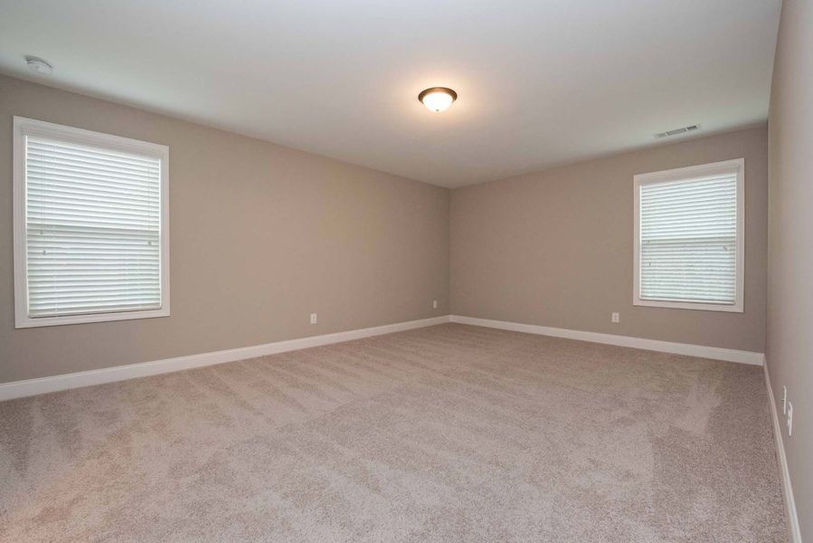 Empty room with beige carpet, tan walls, two windows with blinds, and a ceiling light.