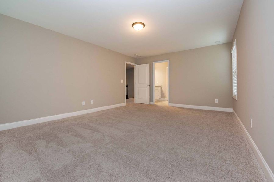 Empty bedroom with tan carpet, walls, and two doors.
