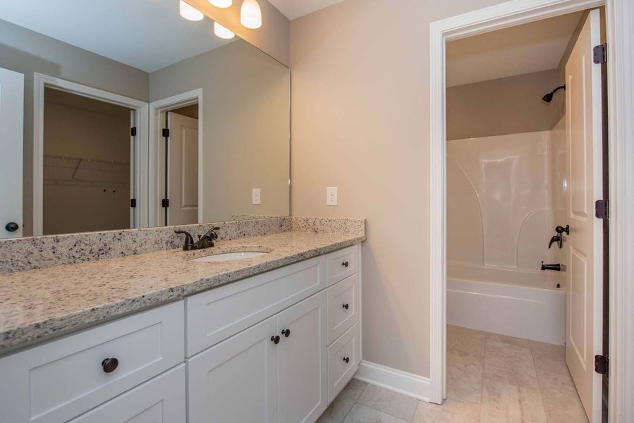 Bathroom with white cabinets, gray granite countertop, and doorway to a shower.