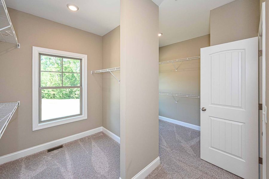 Walk-in closet with beige walls, carpet, window, white door, and shelving.