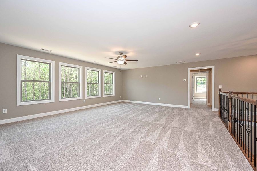 Empty, carpeted bonus room with several windows and a balcony.