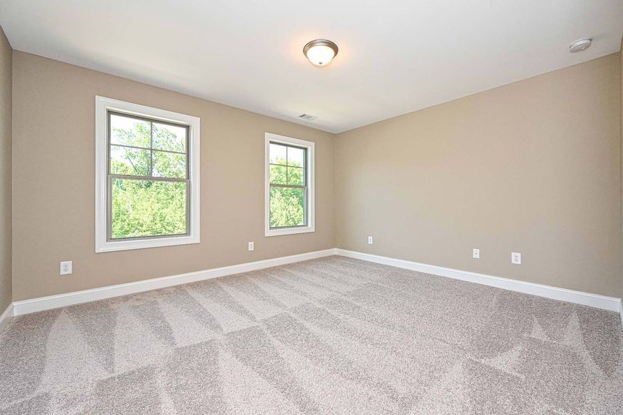 Empty bedroom with beige walls, gray carpet, two windows, and a ceiling light.