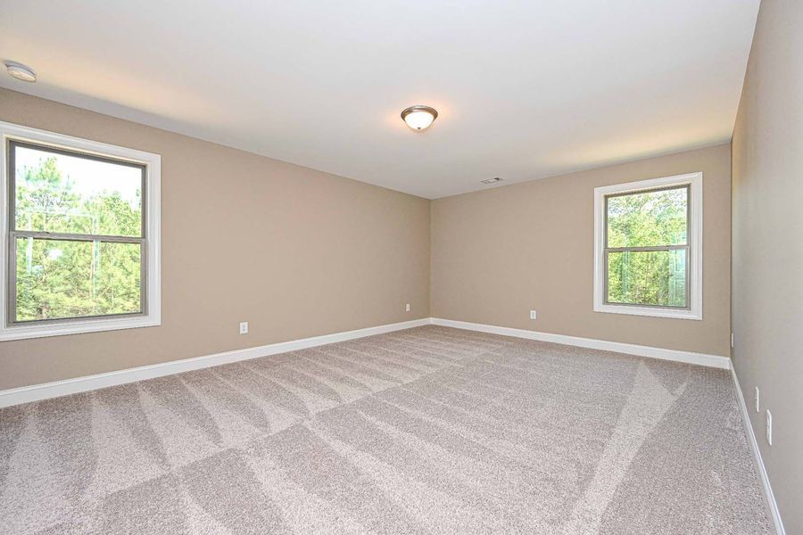 Empty bedroom with beige walls, gray carpet, two windows, and a ceiling light.