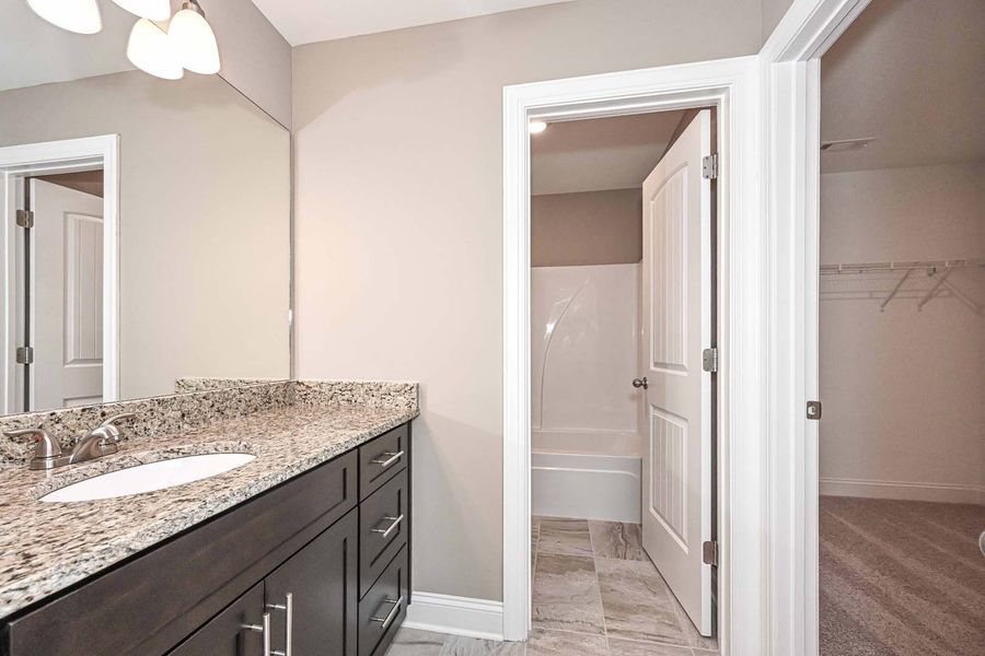 Bathroom with dark wood vanity, granite countertop, and open doorways to a closet and a shower area.