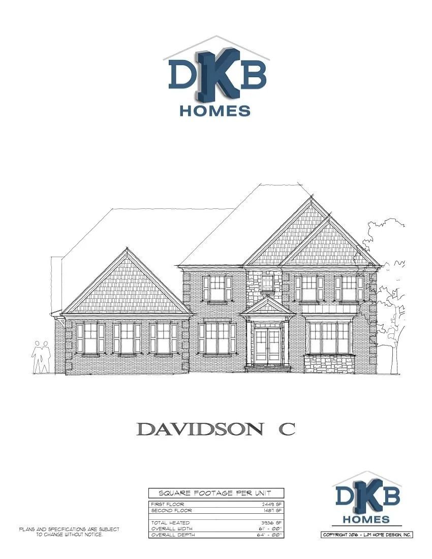Architectural drawing of a house with a DKB Homes logo, labeled 