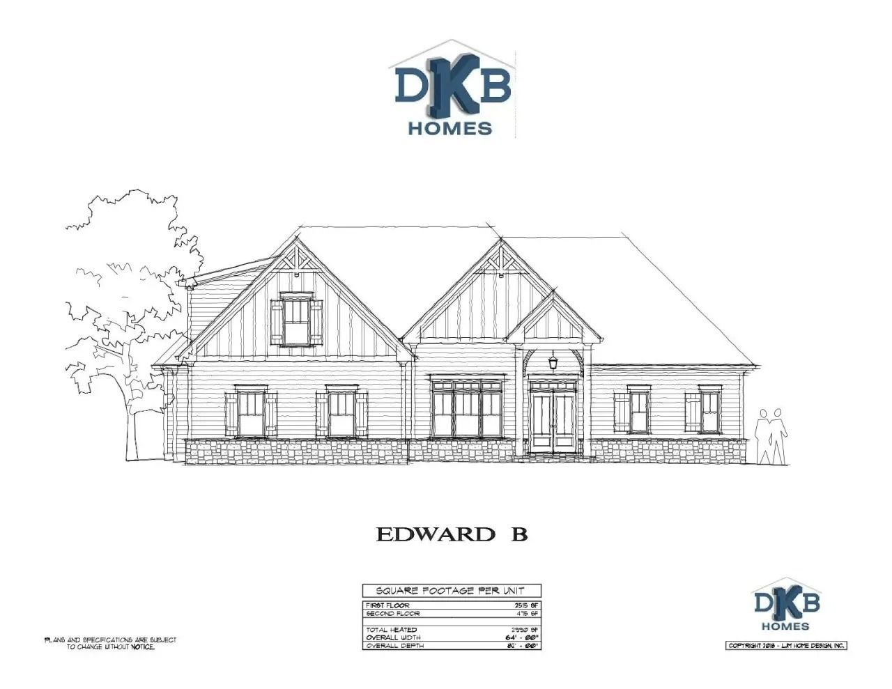 Architectural rendering of a house, Edward B design, with a stone facade and gabled roof.