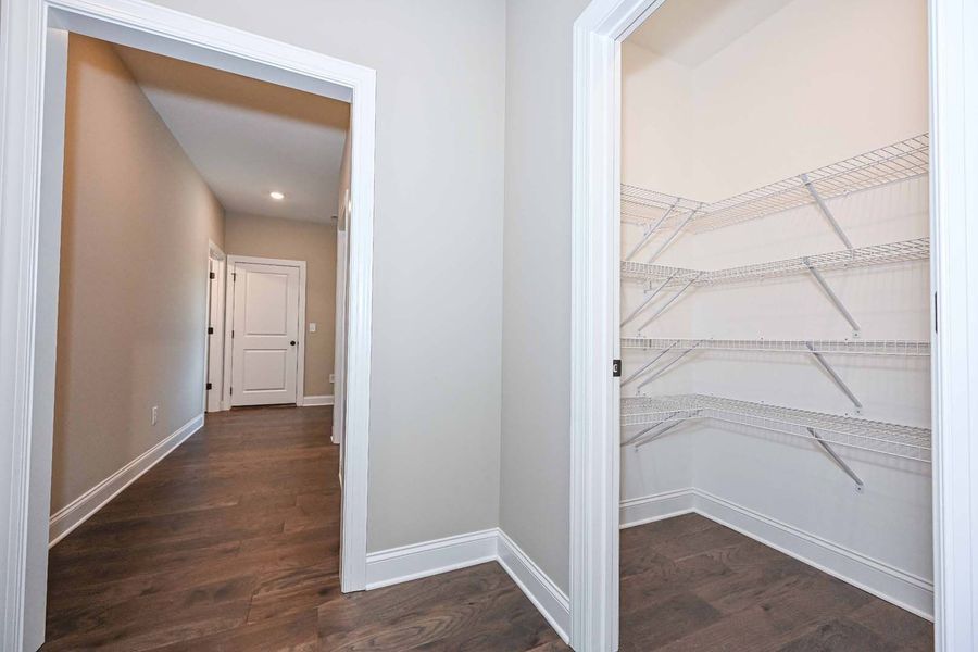 Hallway with open door to pantry; wood floor, white wire shelves.