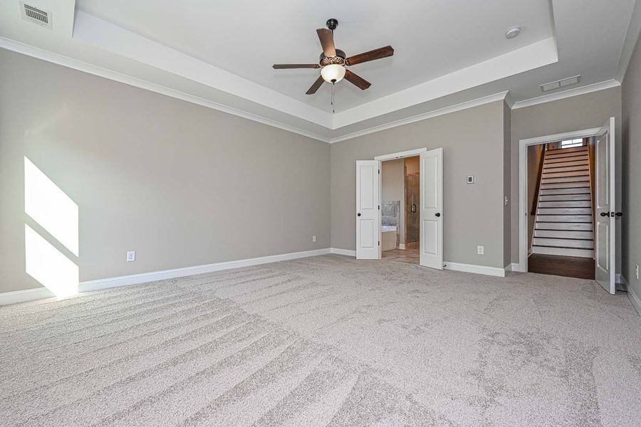 Spacious bedroom with gray walls, light carpet, tray ceiling, and a ceiling fan; doors lead to other rooms and stairs.