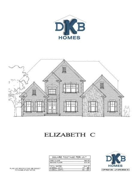 Architectural drawing of a two-story house, the Elizabeth C model, with a DKB Homes logo.