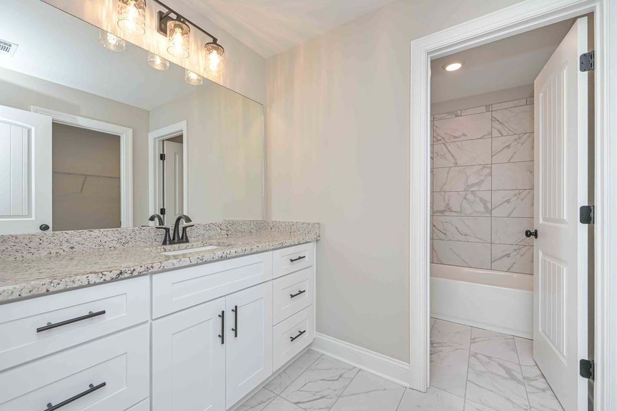 White bathroom with granite countertop, white cabinetry, large mirror, and adjacent shower room.