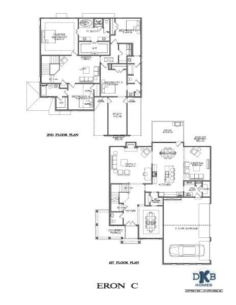 Floor plan of a two-story house. First floor: kitchen, living room, garage. Second floor: bedrooms, bathrooms.