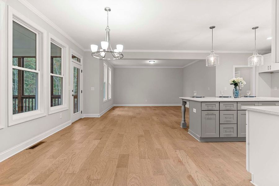 Spacious, light-filled room with light wood floors, gray walls, and kitchen island. 