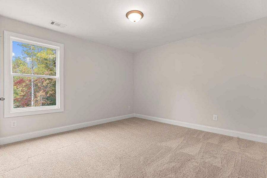 Empty bedroom with neutral carpet and walls, window with outdoor view, ceiling light.