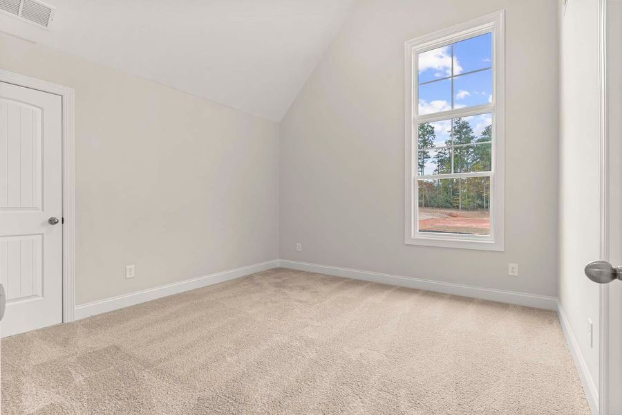 Empty bedroom with a tall window, white walls, beige carpet, and a closed door.