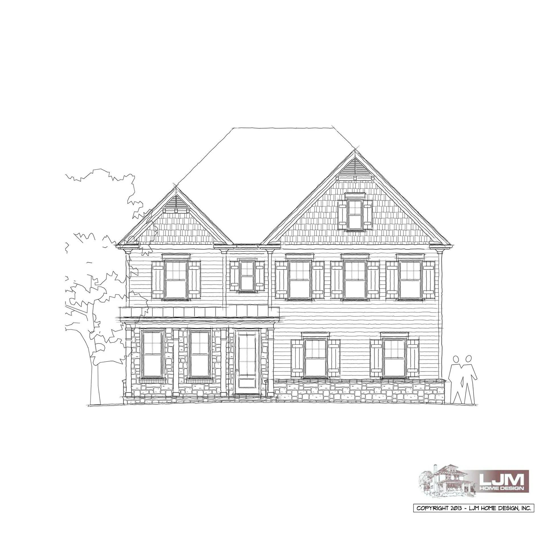 Two-story house sketch with stone facade, shutters, and gable roof.