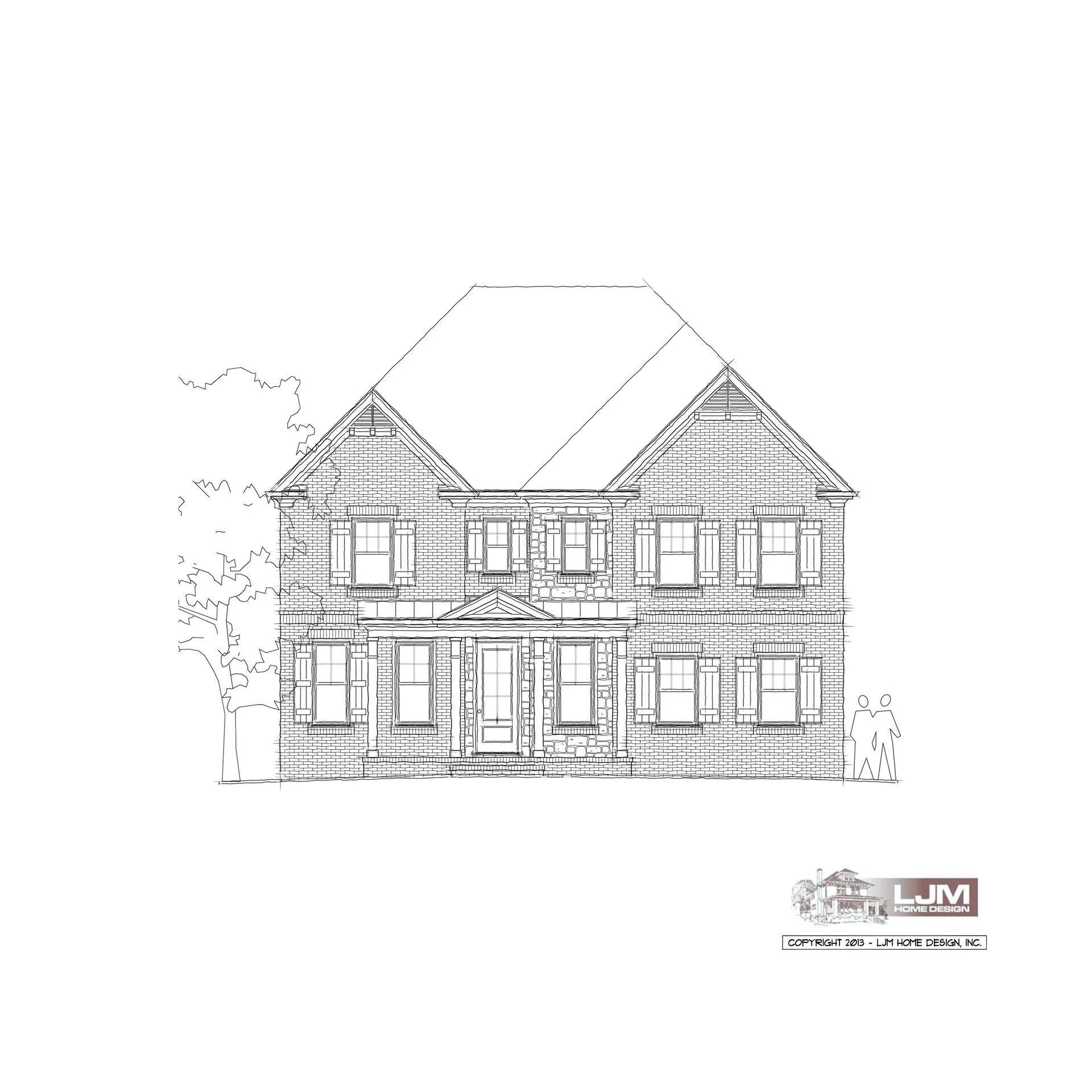 Front view of a two-story house with a gabled roof and symmetrical design, set on a grassy area.