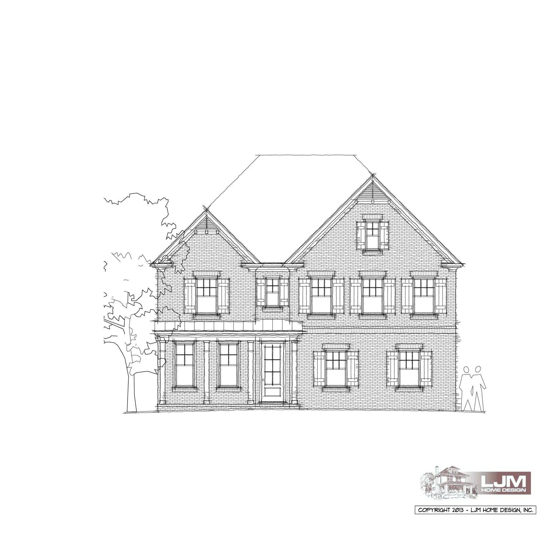 Two-story house architectural rendering with siding, multiple windows, and a gabled roof.