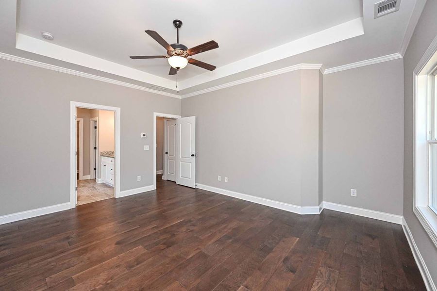 Spacious bedroom with gray walls, dark wood floors, and a ceiling fan. Includes doors to bathroom and other rooms.