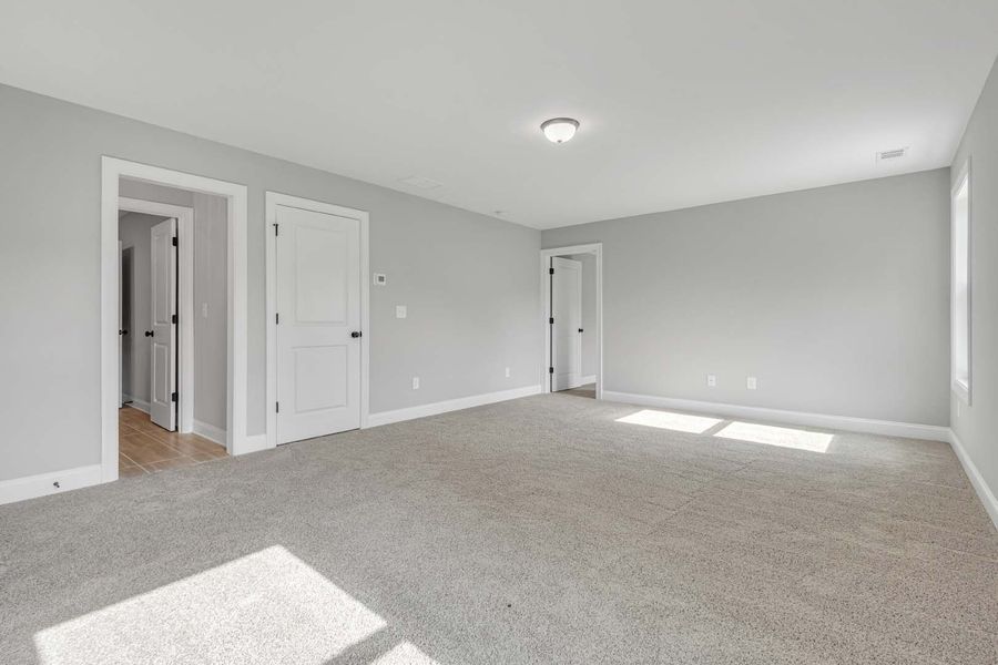 Empty bedroom with light gray walls, carpet, and three white doors.