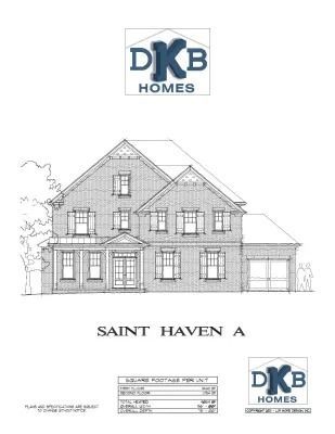 Architectural rendering of the Saint Haven A home by DKB Homes, a brick two-story house with garage.
