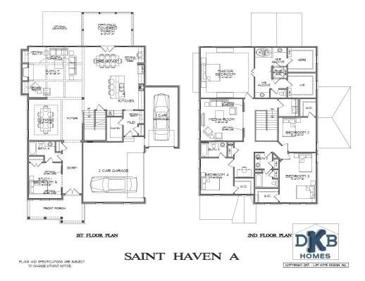 Floor plan of a two-story house, the Saint Haven A model, with labeled rooms and dimensions.
