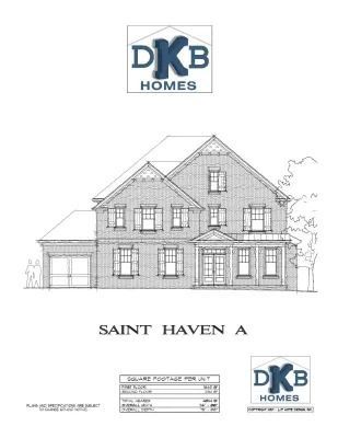 Architectural drawing of the Saint Haven A home by DKB Homes, featuring a two-story brick facade with a garage.