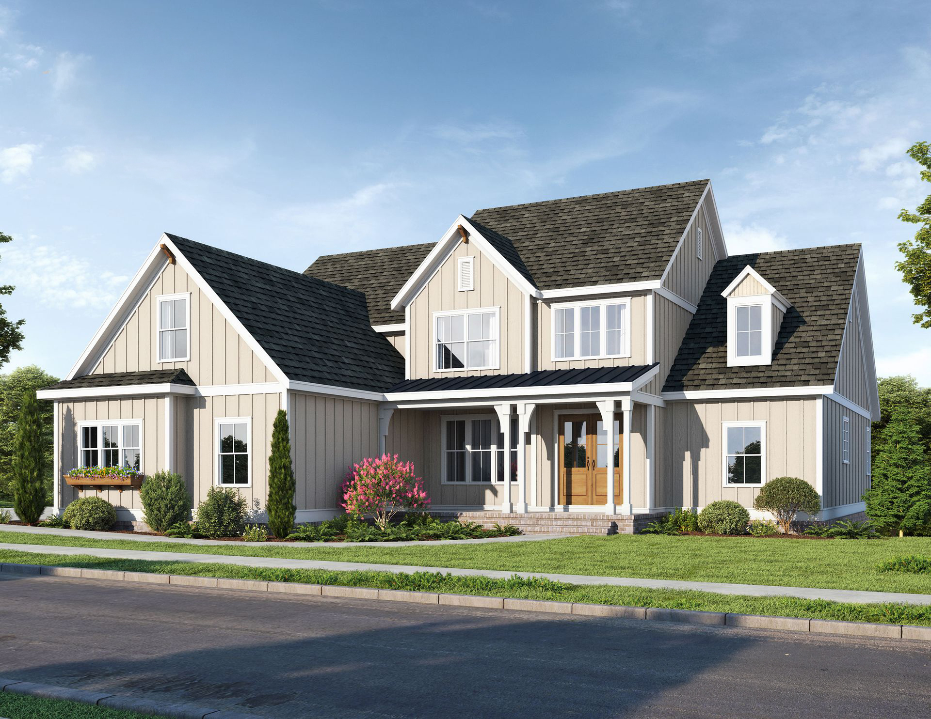 Stone and wood cottage with a green lawn, blue sky, and trees.