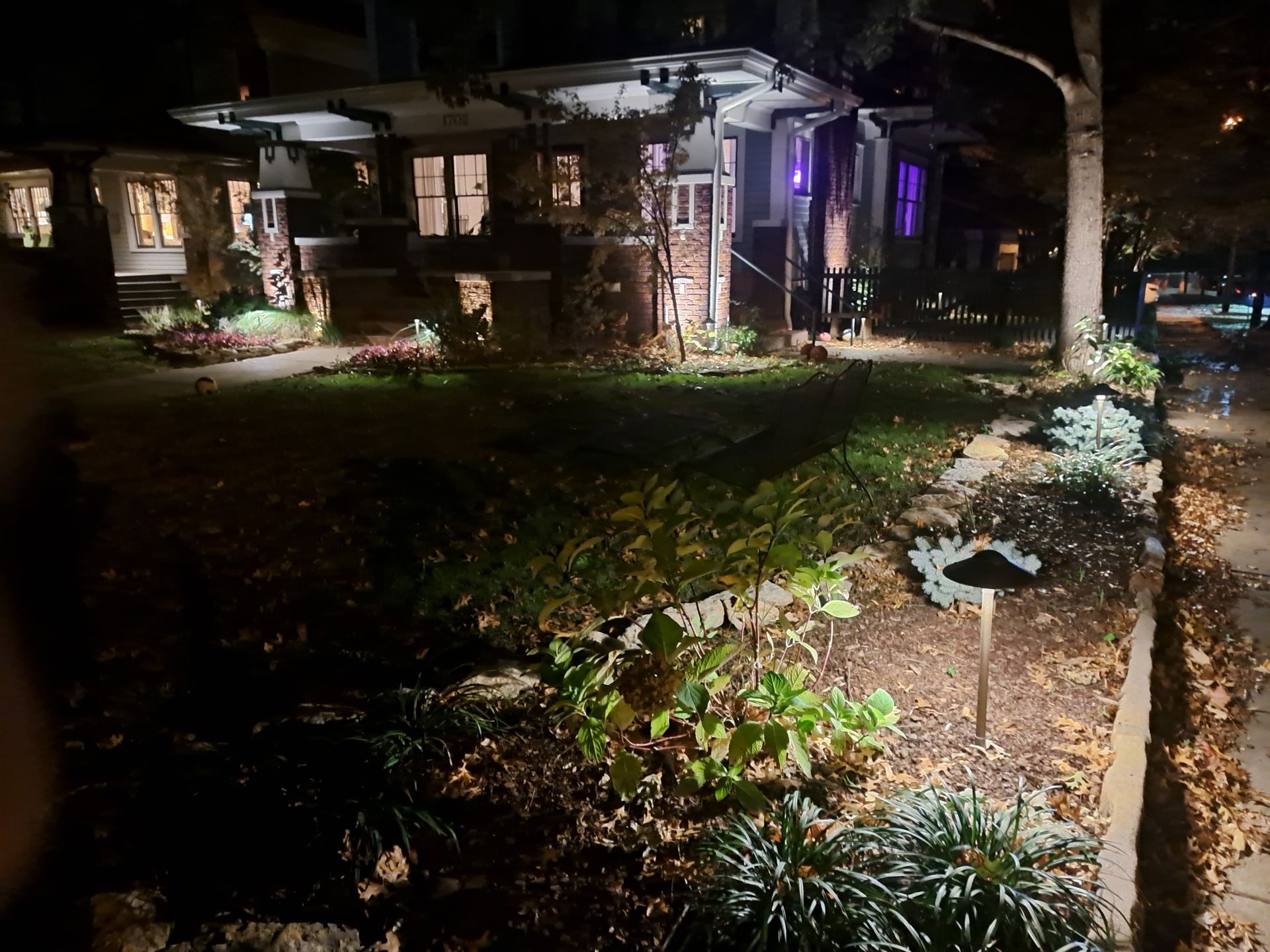 A house is lit up at night with purple lights.