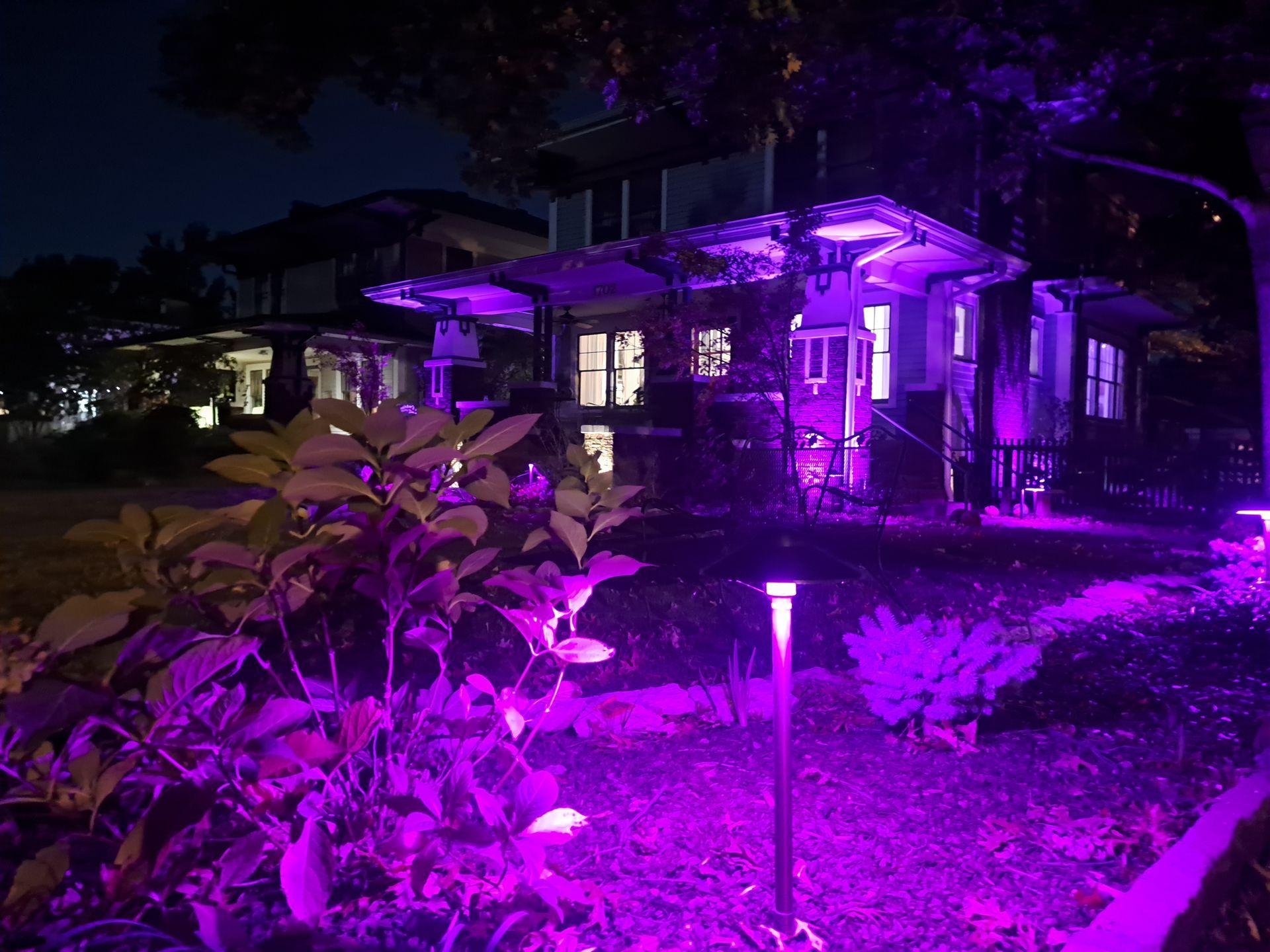 A house is lit up with purple lights at night.