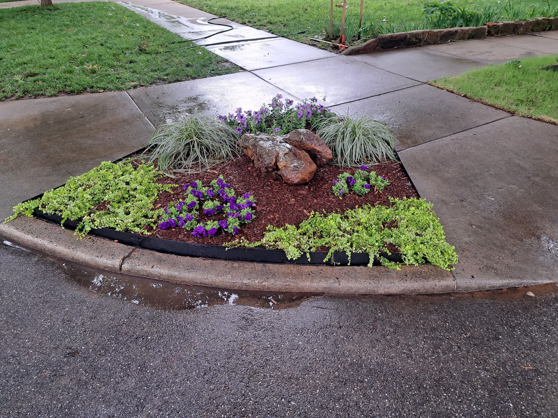 A corner of a sidewalk with flowers and rocks on it.