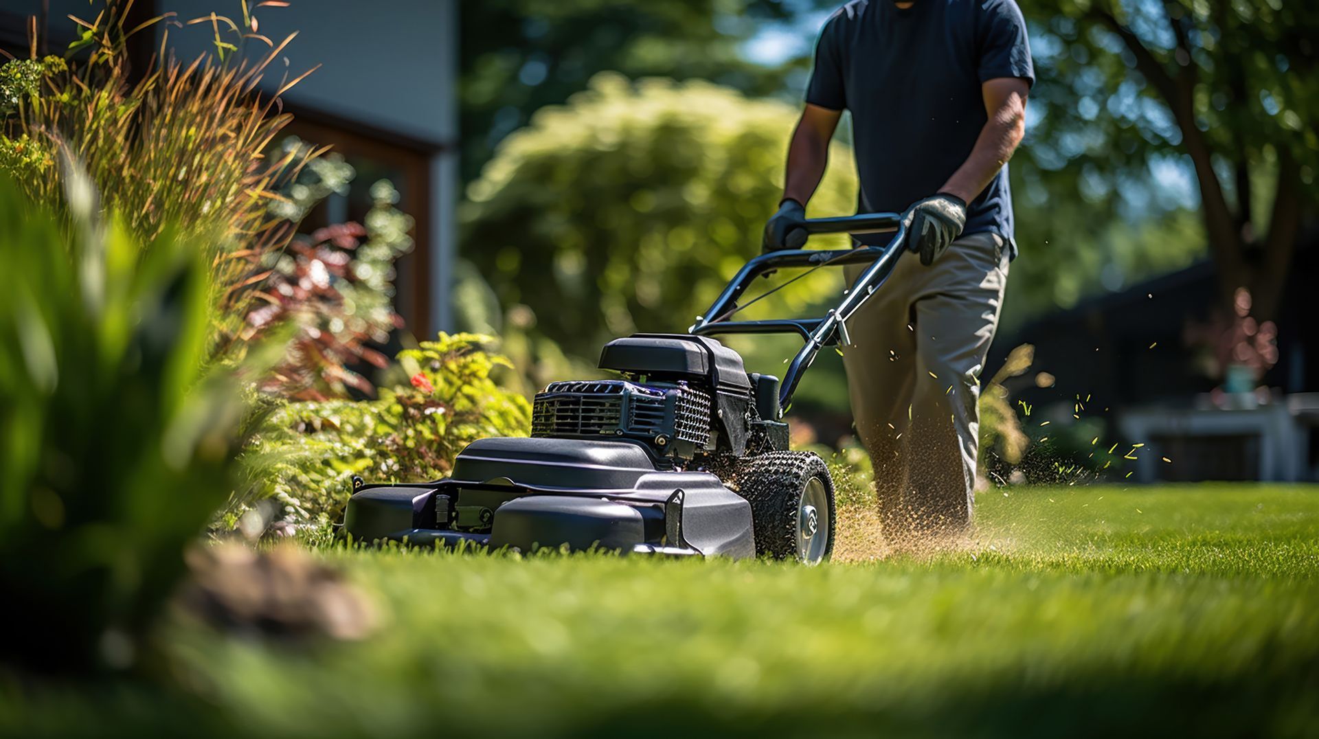 A man is using a lawn mower to cut the grass in his backyard.