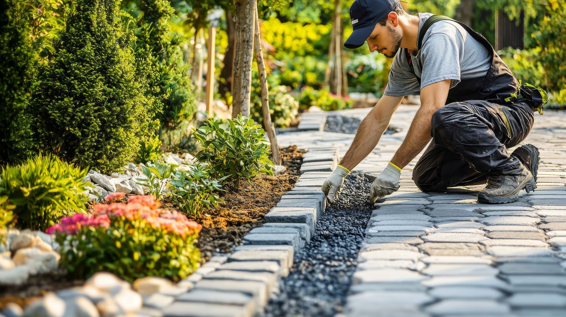 A man is kneeling down on a brick walkway in a garden.