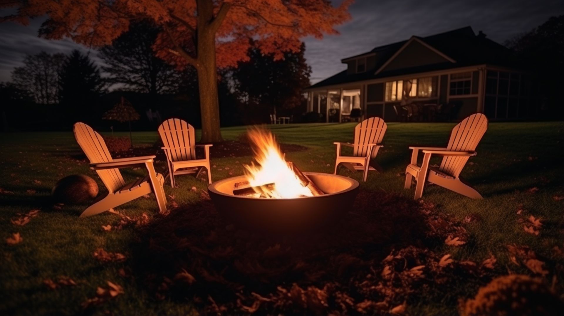 A fire pit with chairs around it in front of a house at night.