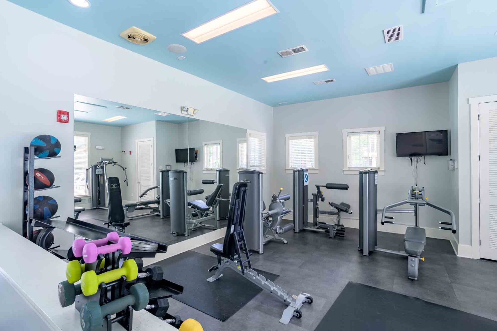 Gym interior with exercise machines, weights, mirror, and TV.