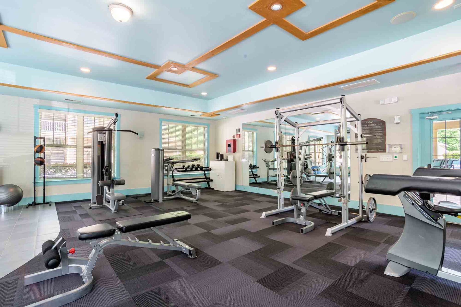 Gym with various exercise machines, including a weight rack, weight machines, and a treadmill.