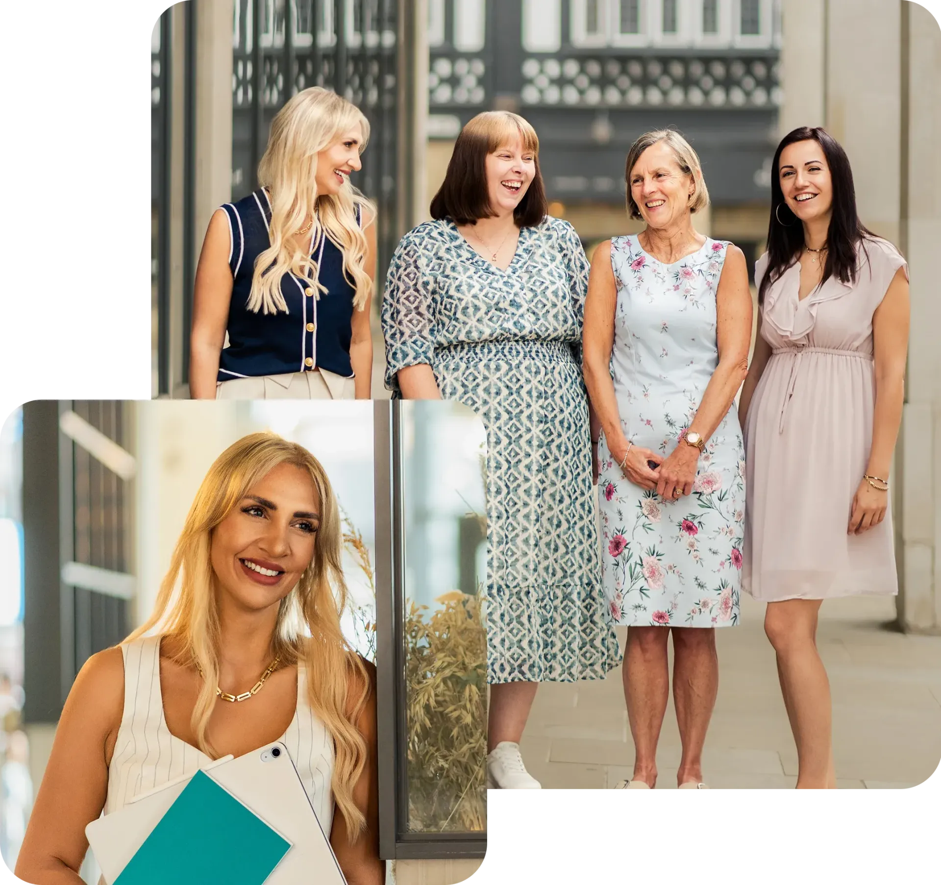 Group of four women smiling and chatting outside a building, dressed in smart casual clothing, with an additional image of a blonde woman indoors holding a notebook and tablet, also smiling.