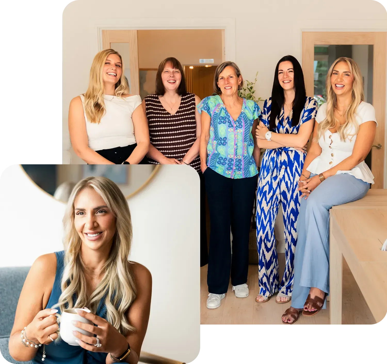 Five women posing indoors, with a smiling blonde woman holding a cup in an inset portrait.