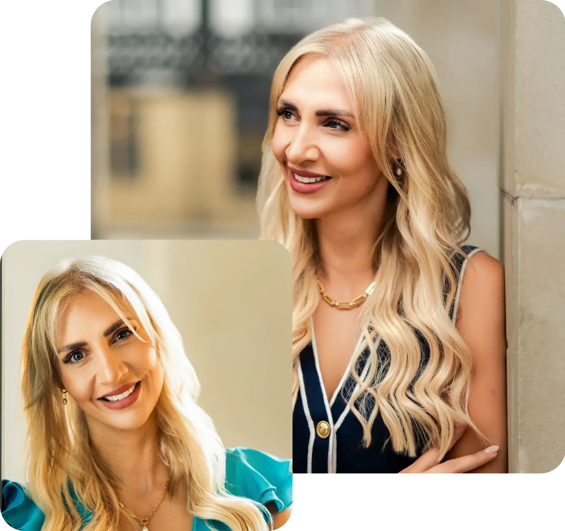 Two photos of a woman with long, blonde hair smiling. One photo shows her outside near a building, the other is a studio shot.