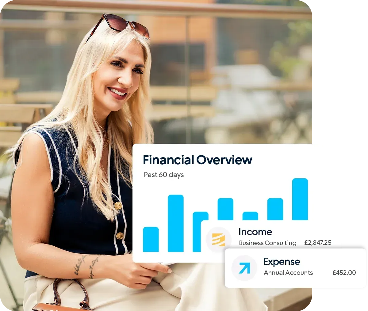 Smiling woman with long blonde hair sitting outdoors with sunglasses on her head, overlaid with digital graphics showing a financial overview, including income and expense figures and a blue bar chart.