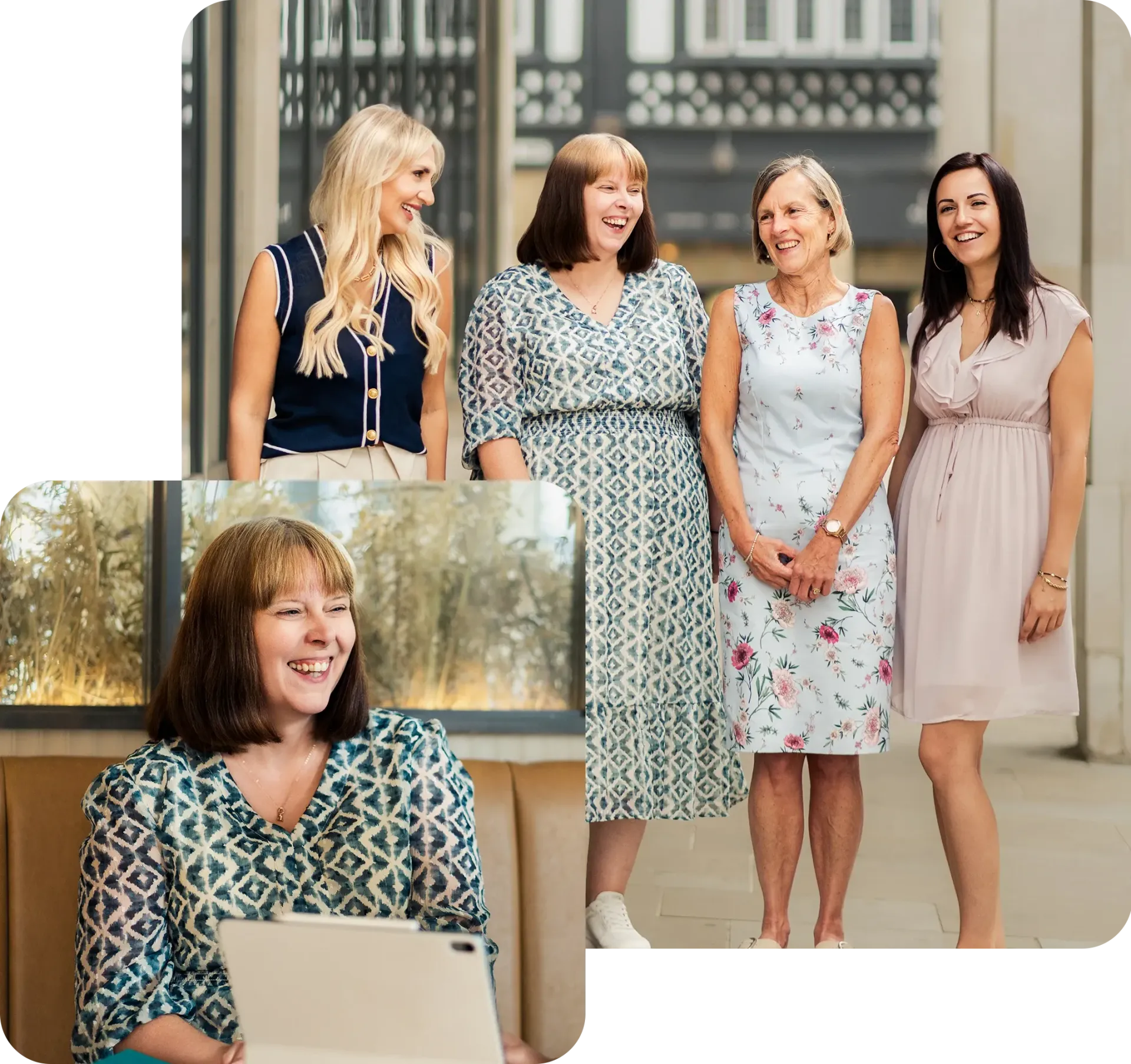 Four women laughing together outside and one woman working on a laptop.