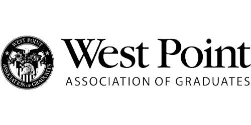 The west point association of graduates logo is black and white.