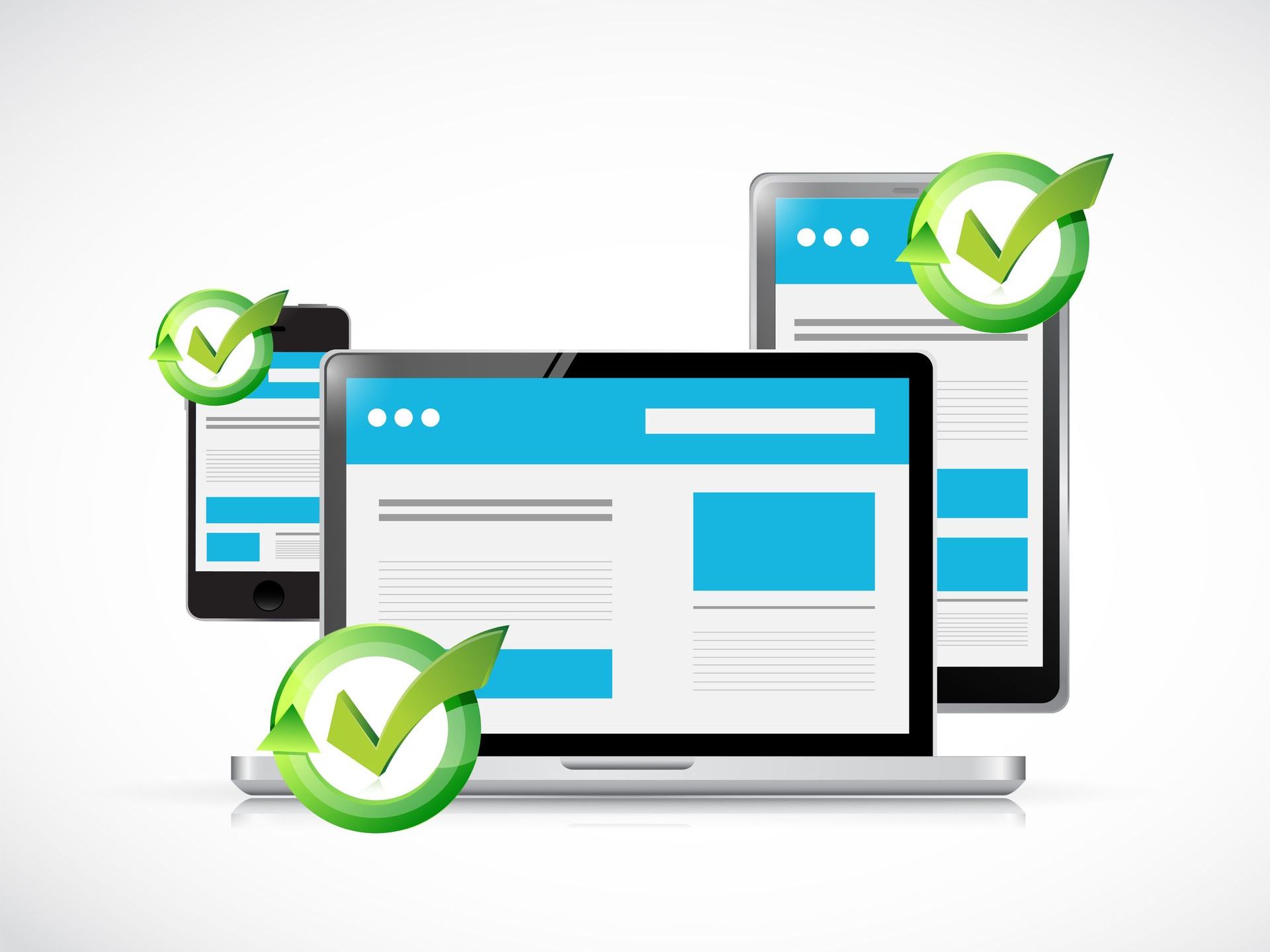 A laptop , tablet , and phone with green check marks on them.