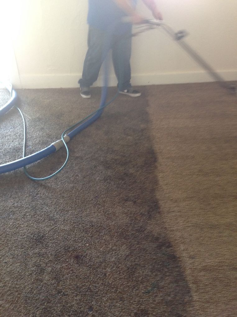A man is cleaning a carpet with a vacuum cleaner.