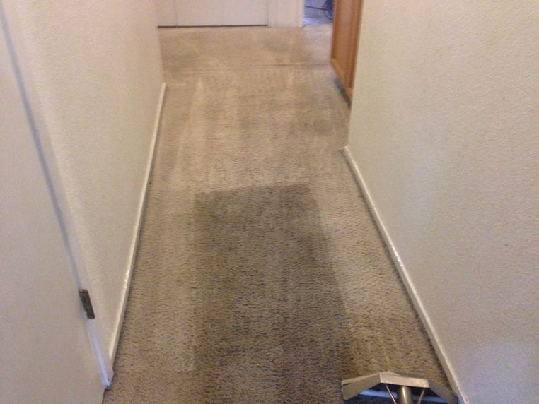 A hallway with a vacuum cleaner on the floor.