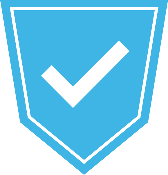 A blue shield with a white check mark on it.