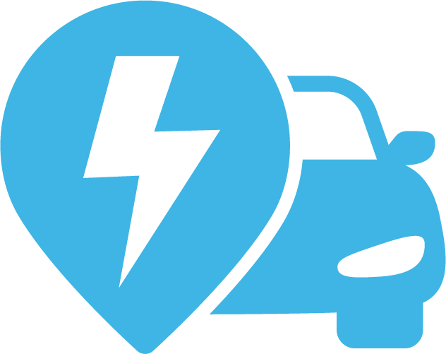 Blue icon: electric car next to a location marker containing a lightning bolt, indicating charging station.