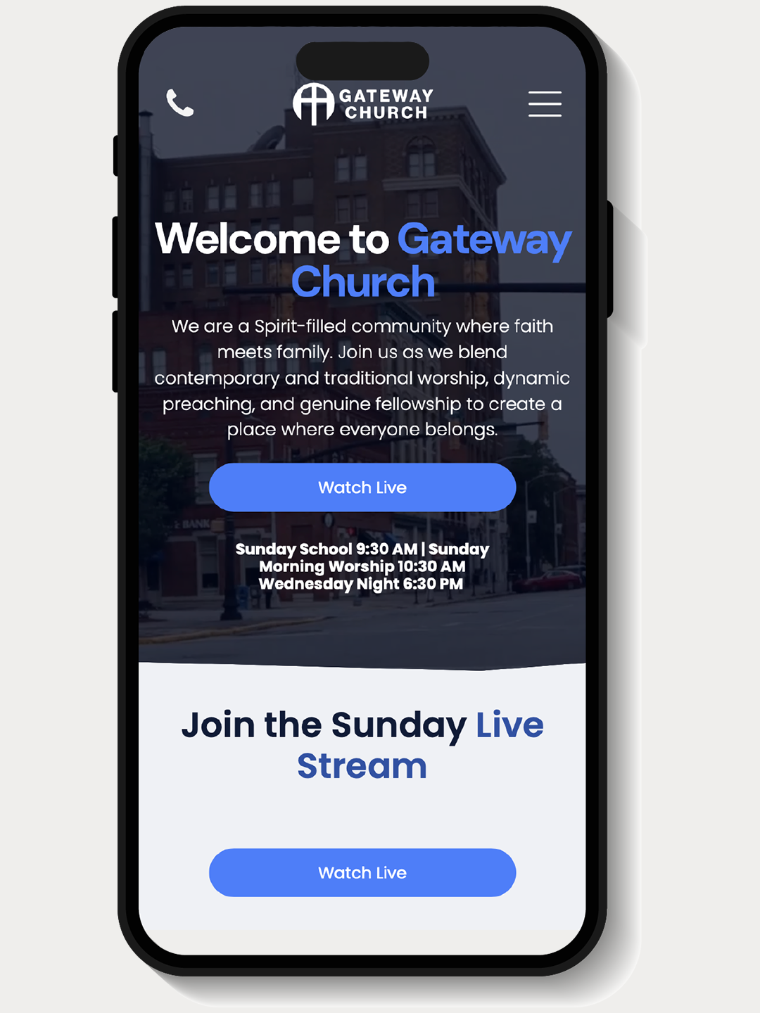 A cell phone is displaying a welcome to gateway church website.